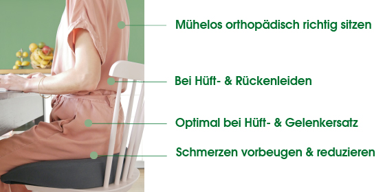 Richtig sitzen bei Hüftschmerzen und Rückenschmerzen. Wie sinnvoll sind ergonomische Sitzkissen? Mit dem orthopädischen Hüftkissen mühelos orthopädisch richtig sitzen, bei Hüft- & Rückenleiden, optimal bei Hüft- & Gelenkersatz. Mit medizinischem Sitzkissen Schmerzen vorbeugen & reduzieren. VitaL Kissen