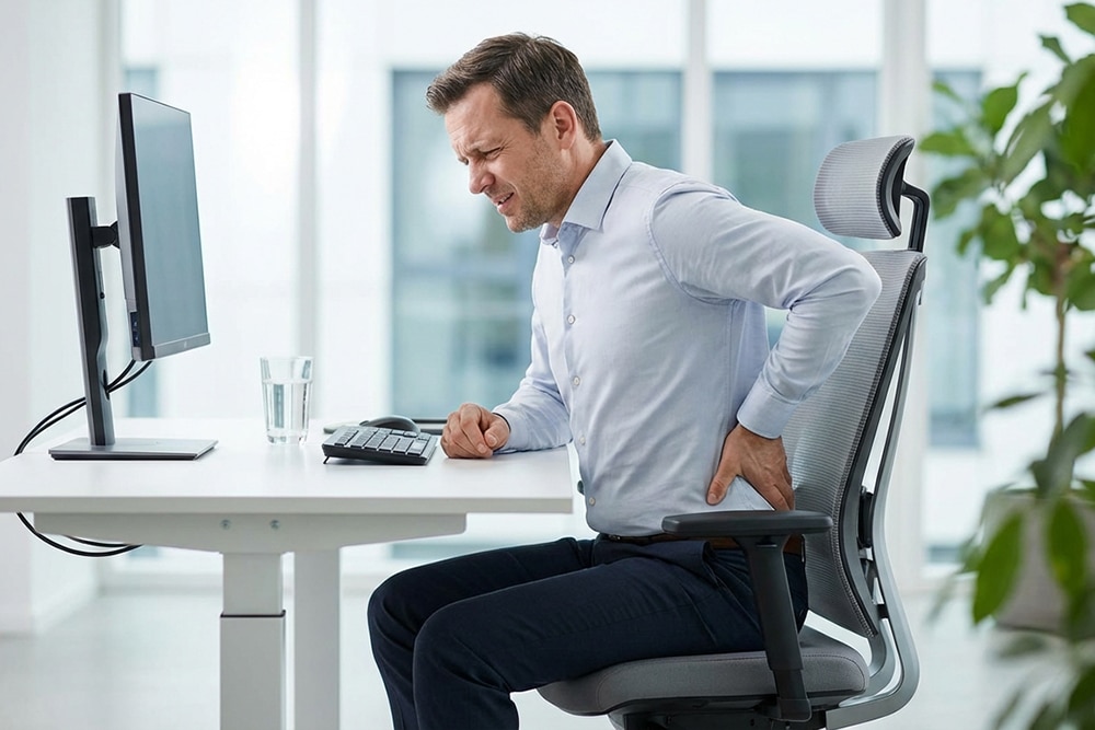 Mann mit Hüftschmerzen beim Sitzen am Schreibtisch