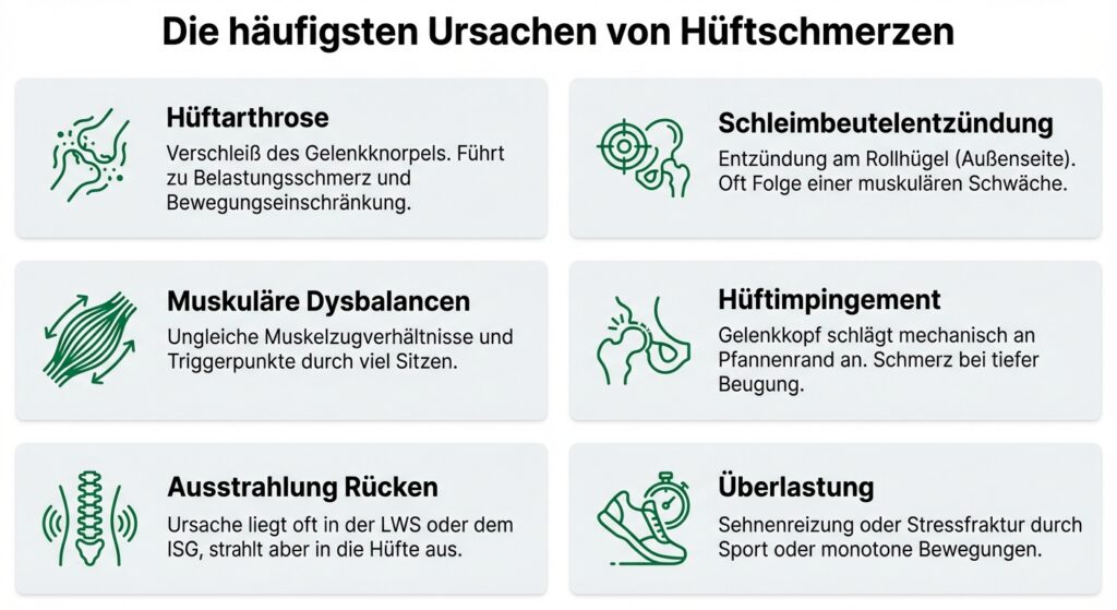 Infografik: Häufige Ursachen von Hüftschmerzen (Arthrose, Schleimbeutel, Dysbalancen, Impingement, Ausstrahlung, Überlastung)