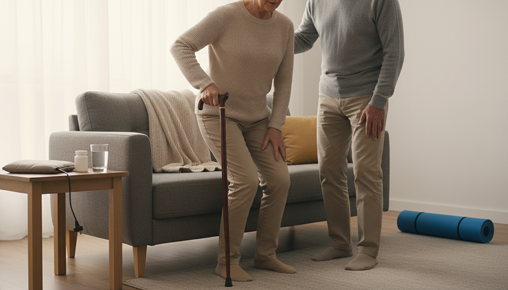 Ältere Frau steht mit Gehstock auf – Unterstützung bei Hüftarthrose zuhause