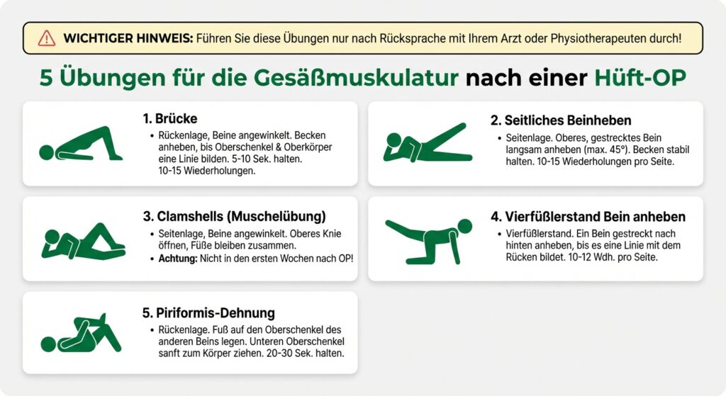 Infografik: 5 Übungen für die Gesäßmuskulatur nach Hüft-OP