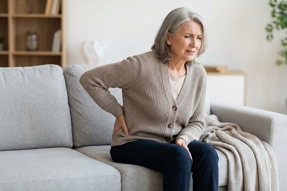 Frau mit Schmerzen im Gesäß-/Lendenbereich beim Sitzen