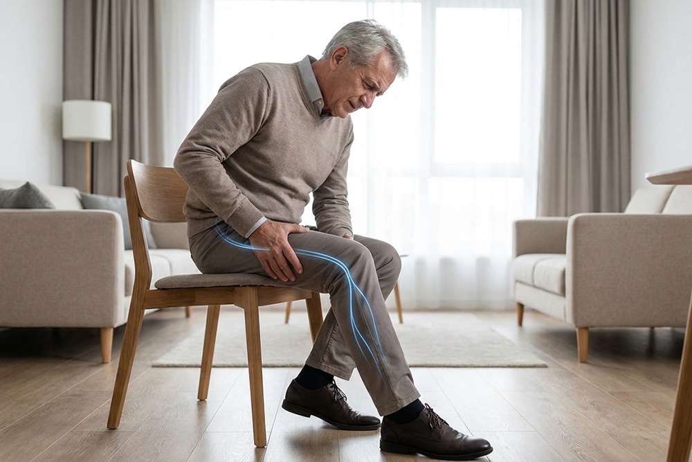Mann mit ausstrahlenden Gesäß- und Beinschmerzen beim Sitzen