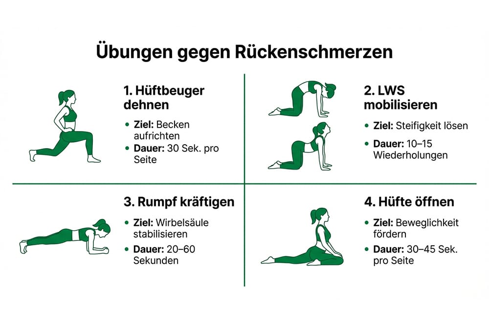 Infografik: Übungen gegen Rückenschmerzen im Sitzen (Hüftbeuger, LWS, Rumpf, Hüfte)