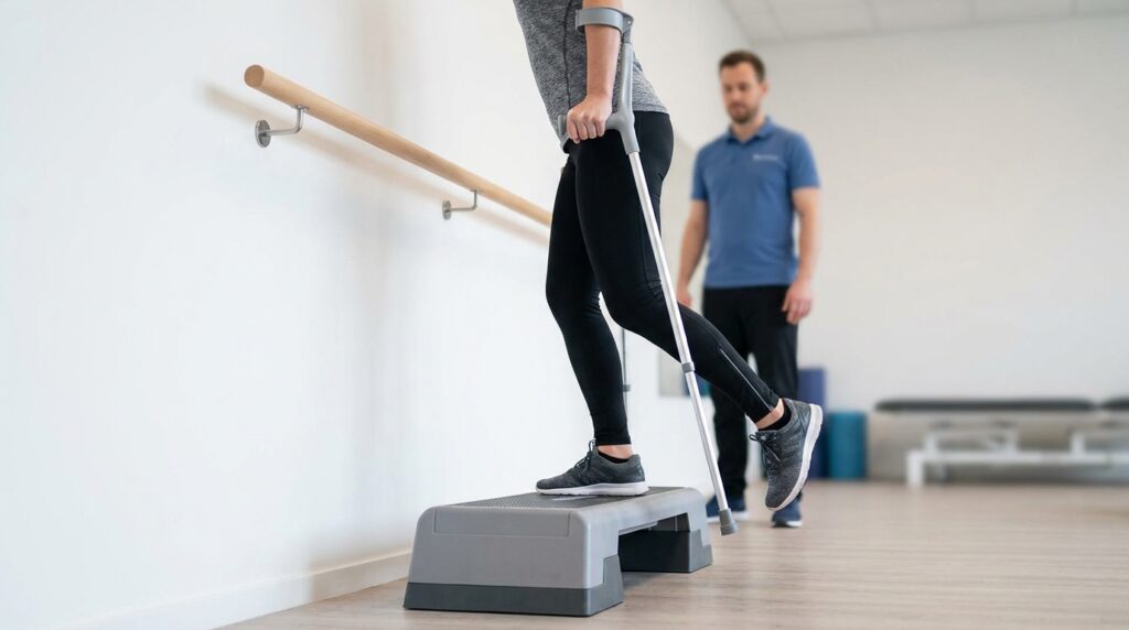 Stufenübung mit Unterarmgehstütze zur Kräftigung nach Hüft-OP