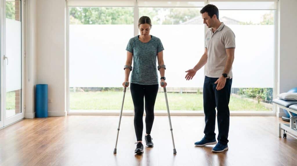 Gehtraining mit Unterarmgehstützen unter physiotherapeutischer Anleitung nach Hüft-OP