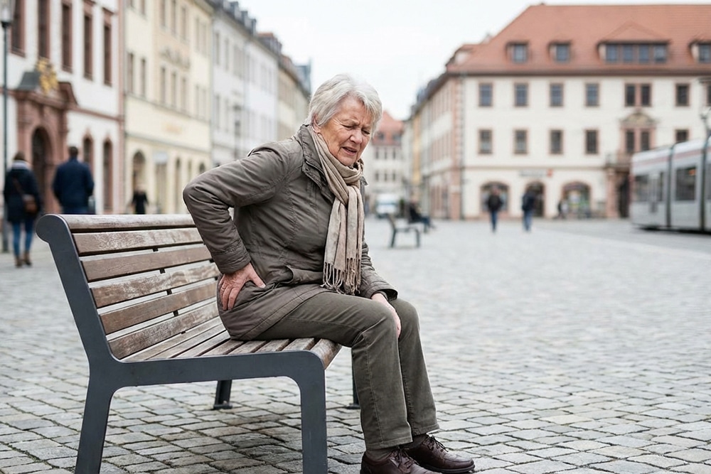 Ältere Frau mit Hüftschmerzen auf einer Parkbank