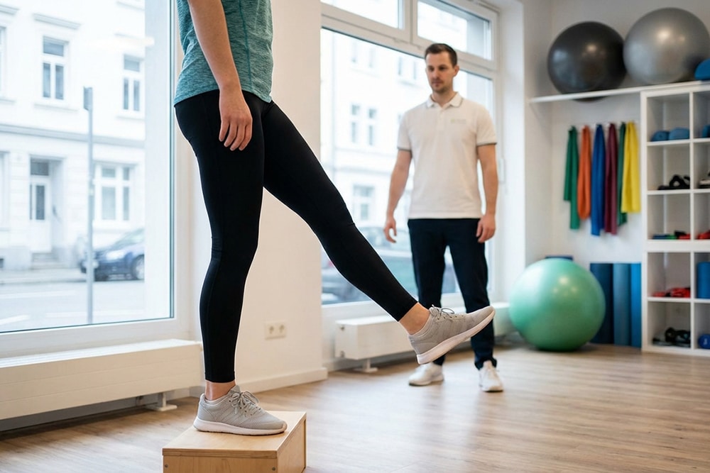 Frau beim Beintraining mit Physiotherapeut