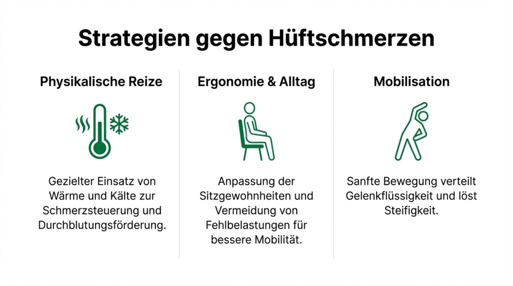 Infografik: Strategien gegen Hüftschmerzen mit den Punkten Physikalische Reize, Ergonomie & Alltag, Mobilisation
