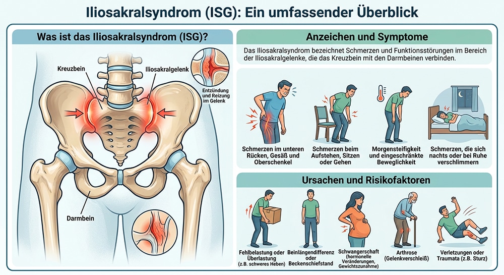 Infografik zum Iliosakralsyndrom mit ISG-Gelenk, Symptomen und Ursachen
