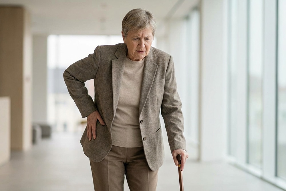 Ältere Frau mit Hüftschmerzen beim Gehen mit Gehstock