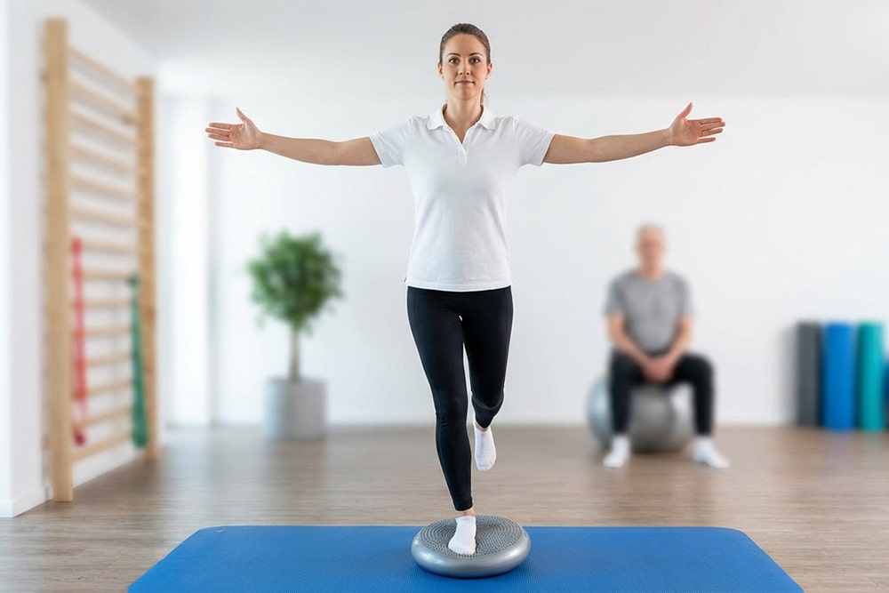Gleichgewichtsübung in der Physiotherapie zur Hüftstabilisierung