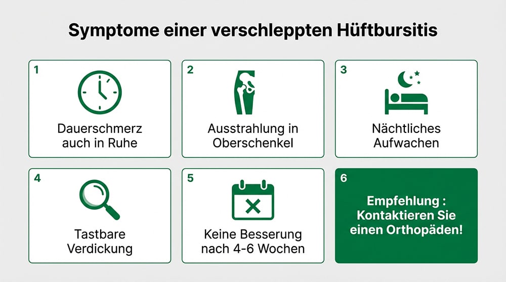 Infografik zu Symptomen einer verschleppten Hüftbursitis