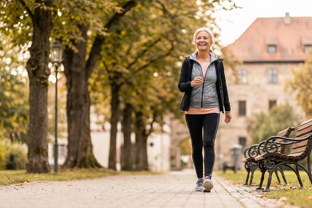 Ältere Frau beim Spaziergang zur schonenden Bewegung der Hüfte