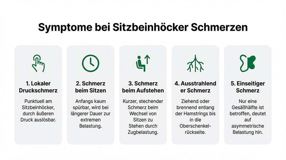 Infografik: 5 Symptome bei Sitzbeinhöcker Schmerzen