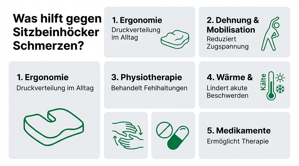 Infografik: Behandlungsmöglichkeiten gegen Sitzbeinhöcker Schmerzen