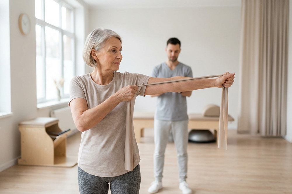Ältere Frau bei Physiotherapie mit Theraband