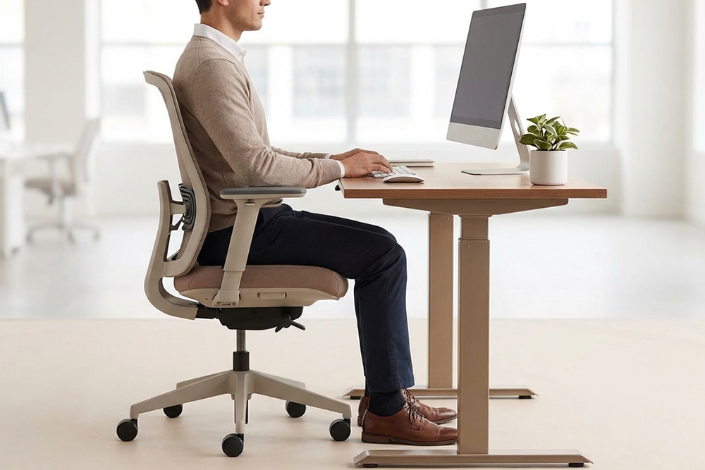 Mann sitzt ergonomisch am Schreibtisch im Büro