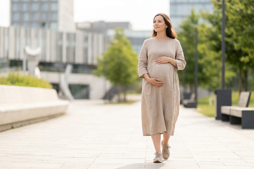 Schwangere Frau mit möglichen Leistenschmerzen beim Gehen