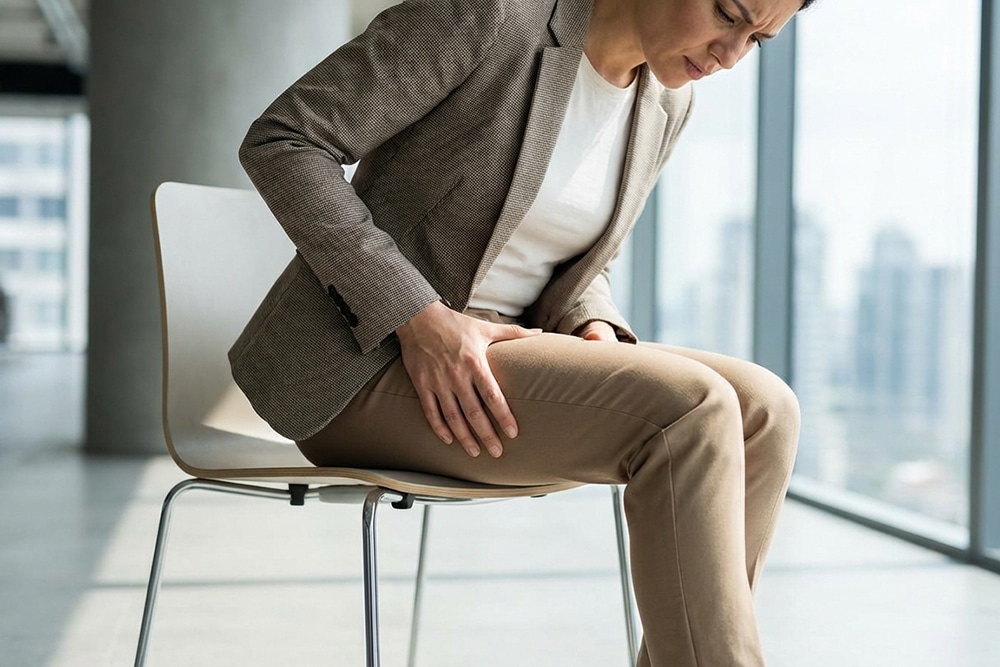 Frau sitzt mit Schmerzen in der Leiste