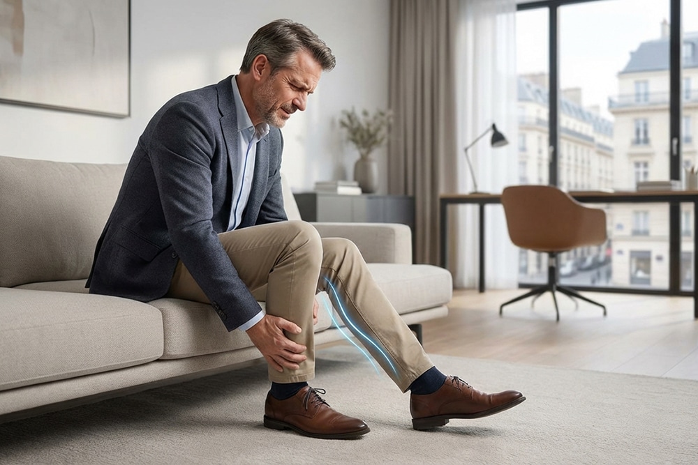 Mann mit ziehenden Schmerzen im Unterschenkel