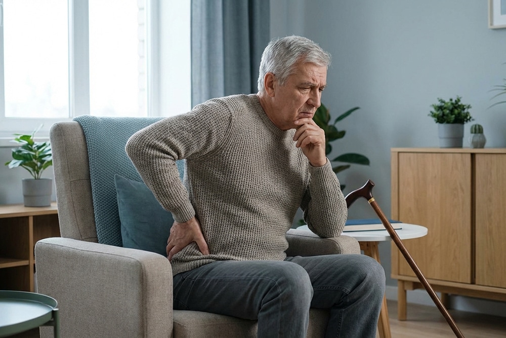 Älterer Mann mit Rücken- und Beinschmerzen