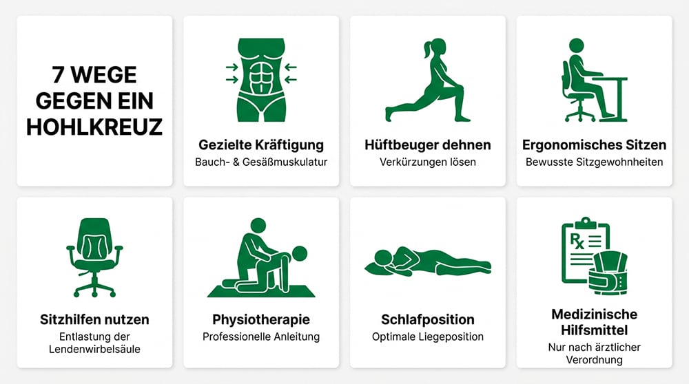 Infografik mit sieben Maßnahmen gegen ein Hohlkreuz