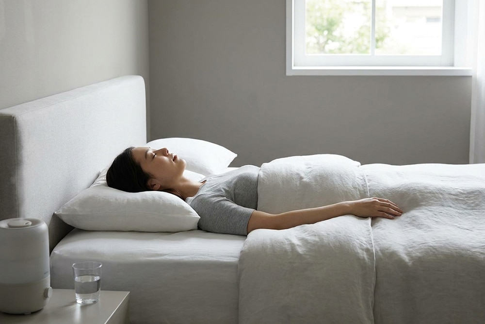Frau in rückenschonender Schlafposition im Bett