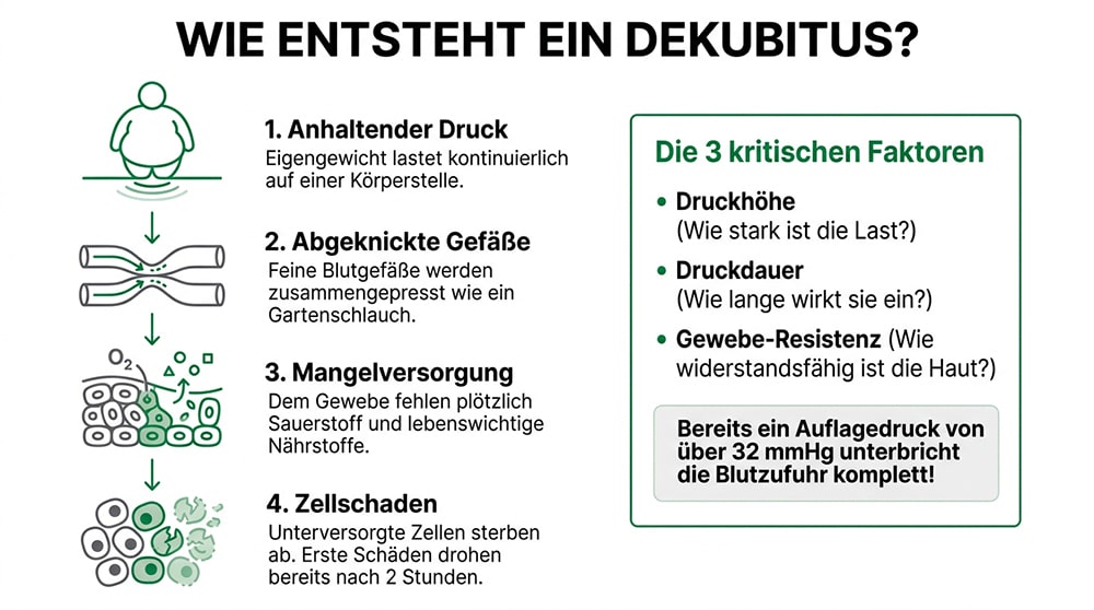 Entstehung eines Dekubitus durch Druck und Minderversorgung