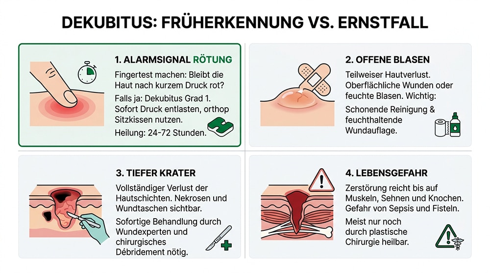 Dekubitus-Stadien von Rötung bis lebensgefährlicher Wunde