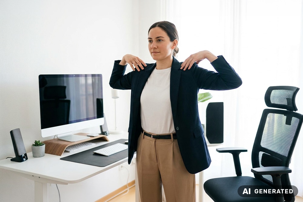 Frau macht Schulterübungen gegen Nackenschmerzen im Büro