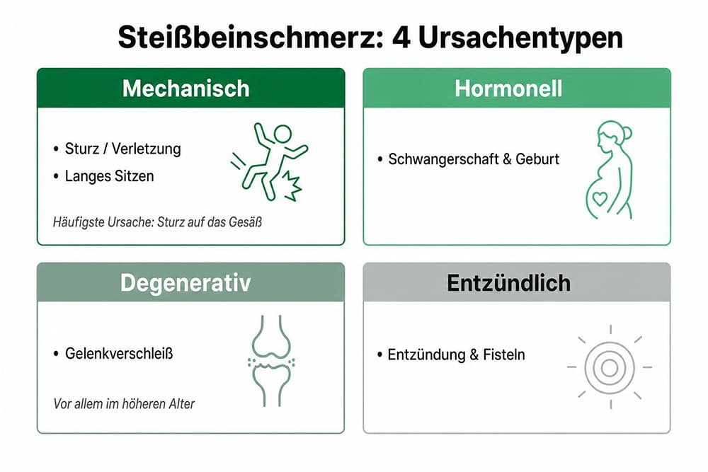 Übersicht zu vier Ursachen von Steißbeinschmerzen