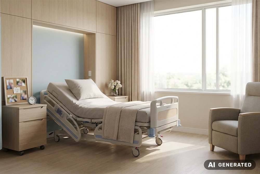 Pflegebett in einem hellen, wohnlichen Schlafzimmer