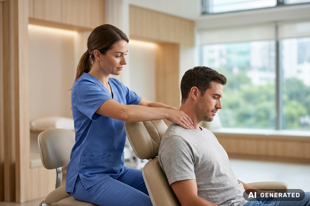 Physiotherapeutin massiert die Nacken-Schulter-Partie eines Mannes