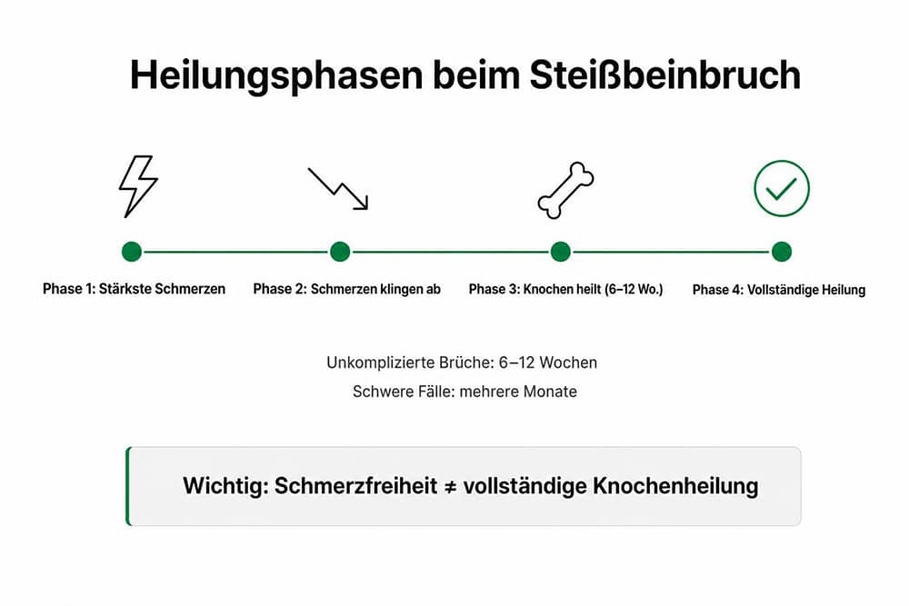 Infografik: die vier Heilungsphasen beim Steißbeinbruch von den stärksten Schmerzen bis zur vollständigen Heilung