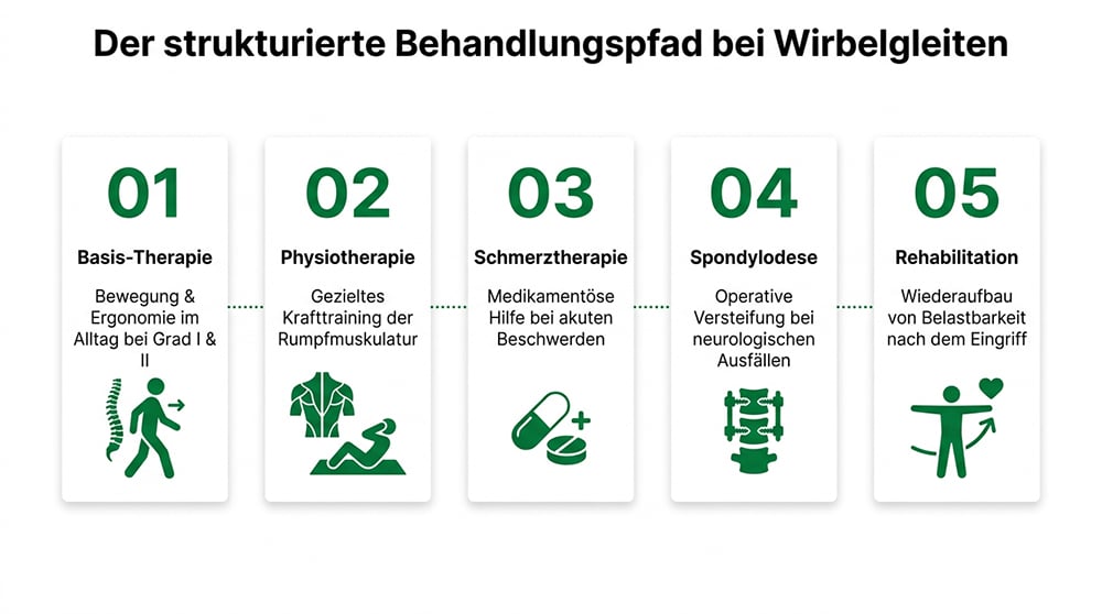 Infografik: der Behandlungspfad bei Wirbelgleiten in fünf Schritten